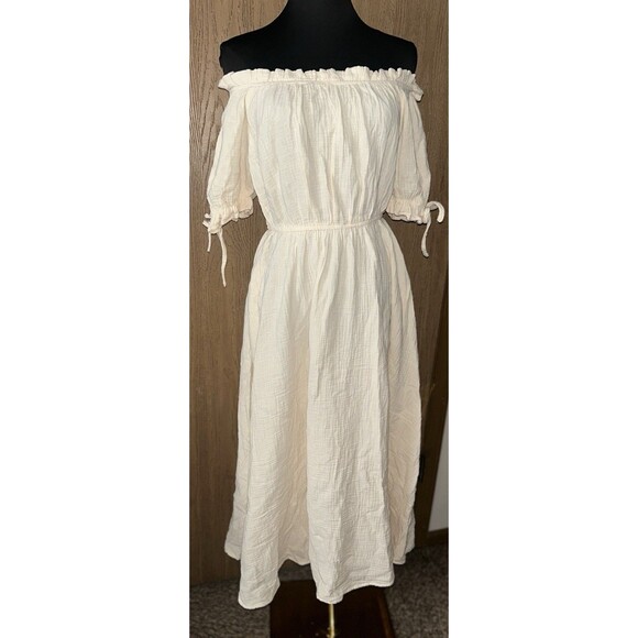 Scarlet Darkness NWT W’s S Seersucker Cotton Apricot Off Shoulder Pocket Dress - Picture 2 of 10